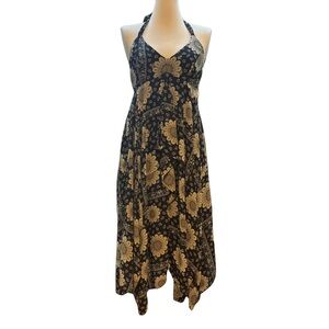 Vintage 90s Y2K Black White Floral Halter Boho Summer Festival Maxi Dress Size 8